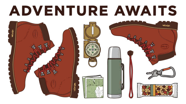 Adventure Awaits Vector Illustration Featuring Hiking Boots, Compass, Map, Thermos, and Outdoor Gear in a Knolling Layout. Ideal for Camping, Trekking, and Travel Designs on White Background.