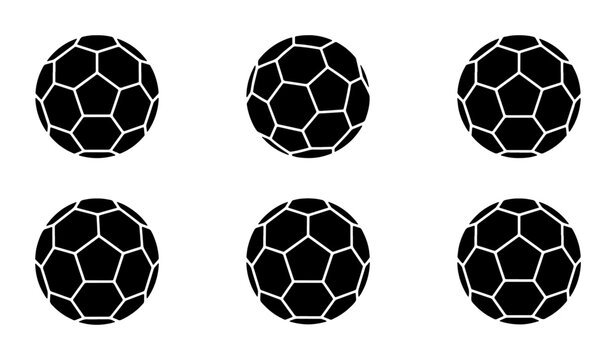Six Black Soccer Balls, Geometric Pattern, Sports Equipment, Vector Graphics for Game Design and Athletic Themes