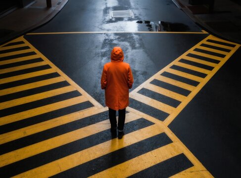 Person wearing an orange hooded coat stands at a road junction with yellow stripes. The person faces away, contemplating which direction to go next. The wet asphalt suggests rain.