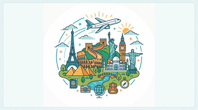 Illustration of world travel landmarks with airplane and global icons.