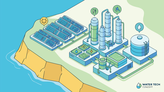 Isometric vector illustration of a solar-powered desalination plant on a coastal cliff, featuring solar panels, distillation towers, and water storage tanks for sustainable water technology concept.