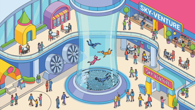 Isometric Vector Illustration of a Vertical Wind Tunnel for Indoor Skydiving in a Modern Entertainment Center, Featuring People Flying in Flight Suits, Spectators, Cafe Seating, and Sky-Venture.