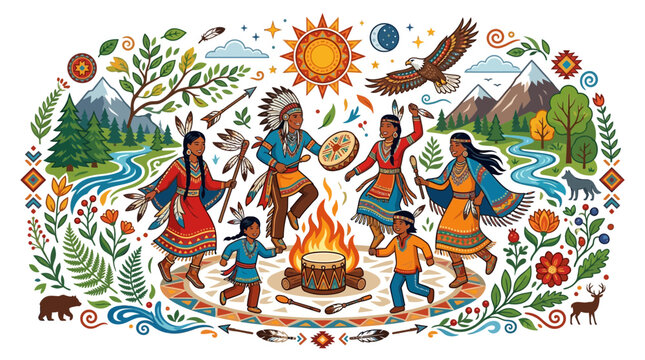 Indigenous People Celebrating with Traditional Dance and Music Around a Campfire.