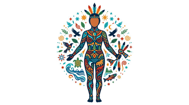 Indigenous spiritual figure surrounded by nature elements and tribal patterns.
