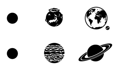 Solar System Planets Icons, Space Celestial Bodies Vector Set, Cosmic Orbits & Earth Globe Graphics © Rukhsana