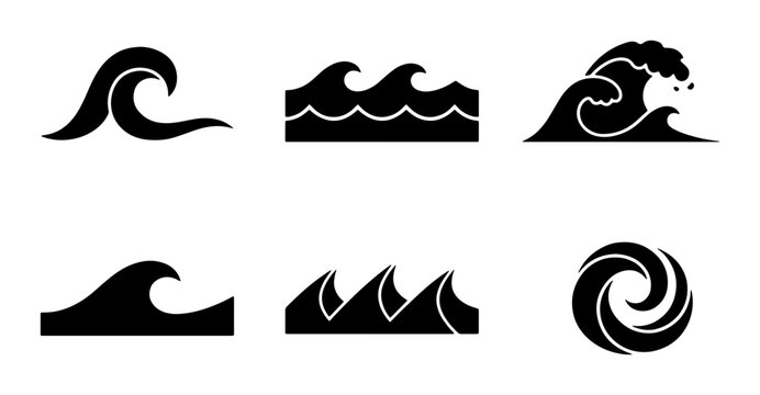 Set of 6 Black Wave Icons, Ocean Water Symbols, Sea Swell Graphics, Marine Element Illustrations, Nautical Design Assets, Coastal Art