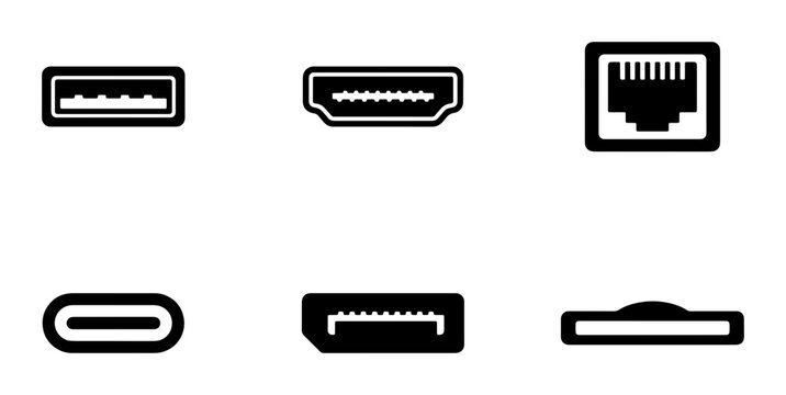 Vector Icons: USB-C, HDMI, Ethernet, Thunderbolt, USB-A, DisplayPort Connectors for Technology and Connectivity