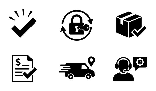 Secure Delivery Icons: Verified Order, Package Tracking, Support, Shipping, Invoice, Lock