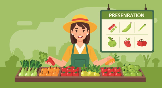 Farmer woman presenting fresh fruits and vegetables