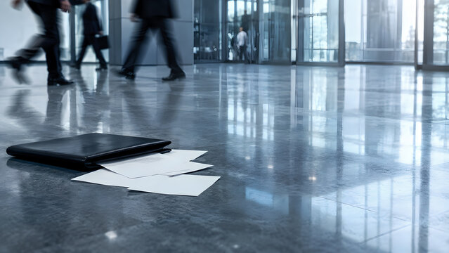 Confidential Documents Dropped On Office Floor For Corporate Data Loss Concept