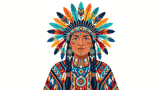 Native American chief illustration with colorful traditional feather headdress.