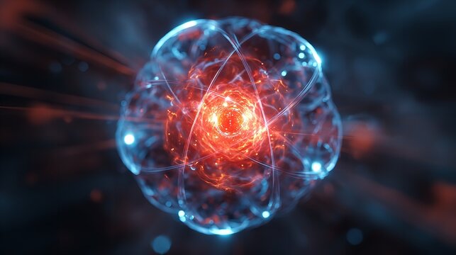 Abstract background illustration of a glowing blue atom in dark space with swirling plasma energy waves and fractal light spheres