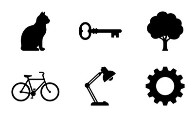 Black Silhouette Icons: Cat, Key, Tree, Bicycle, Lamp, Gear. Simple Vector Graphics for Design. © Mamunur