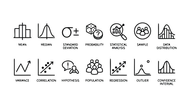 Professional Set of 14 Statistics Line Icons Featuring Mean, Median, Standard Deviation, Probability, Statistical Analysis, Sample, Data Distribution, Variance, Correlation, and Hypothesis Testing