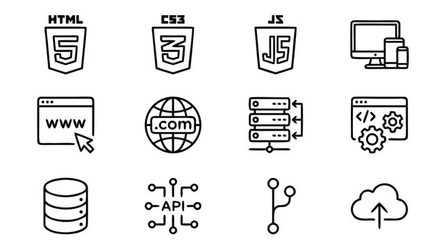 Set of 12 Web Development Line Icons Including HTML5, CSS3, JavaScript, Responsive Design, Browser, Domain, Hosting, Server, Database, API, Git Version Control, and Cloud Computing Symbols.