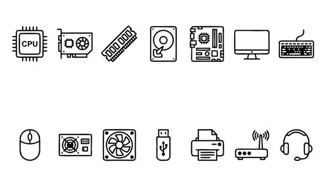 Set of 14 Computer Hardware Line Icons Including CPU, GPU, RAM, Hard Drive, Motherboard, Monitor, Keyboard, Mouse, Power Supply, Cooling Fan, USB Flash Drive, Printer, Wi-Fi Router, and Headset