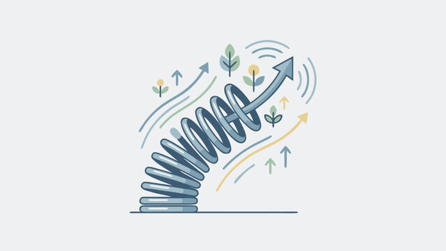 Resilience and Recovery Concept Flat Vector Illustration with a Large Blue Spring Bouncing Back, Upward Growth Arrows, and Small Plants, Representing Flexibility, Strength, and Momentum.