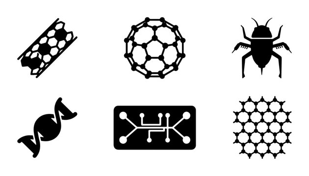 Nanotechnology Icons: DNA, Carbon Nanotube, Fullerene, Microfluidics, Insect, Molecular Structure