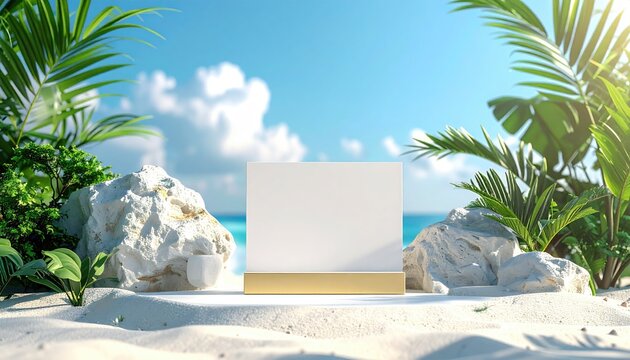 A pristine white rectangular display sits on a golden stand, framed by lush tropical foliage and bright blue sky, beach backdrop