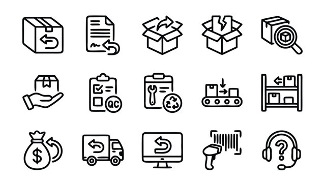 Reverse Logistics and Product Return Line Icon Set Featuring Refund, Exchange, Quality Control, Warehouse Restocking, Damaged Goods, Customer Support, Shipping Truck, and Barcode Scanning.