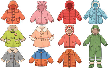 Baby and kids winter outerwear clothing vector set featuring jackets coats puffer coats and snowsuit illustrations © Lipi