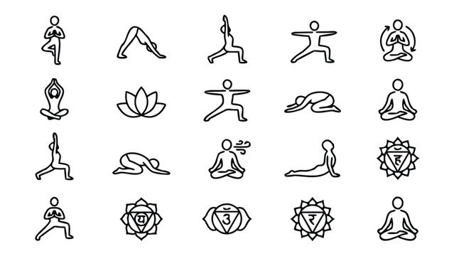 Set of 20 minimalist yoga pose and meditation line icons featuring various asanas like tree pose, warrior, downward dog, and lotus position along with sacred chakra symbols for health and wellness.