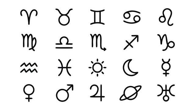 Set of 20 Minimalist Astrology and Zodiac Sign Line Icons Featuring Horoscope Symbols and Celestial Planets in a Clean Vector Style with Uniform Stroke Width and Organized Grid Layout for Design