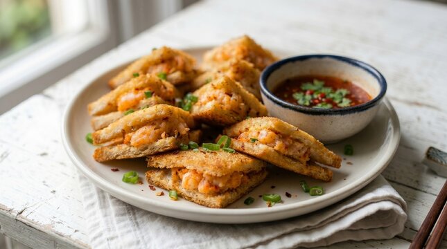 Side view of golden triangular Menbosha fried shrimp toast on a ceramic plate, served with sweet chili dipping sauce garnished with cilantro on a rustic white wooden table.