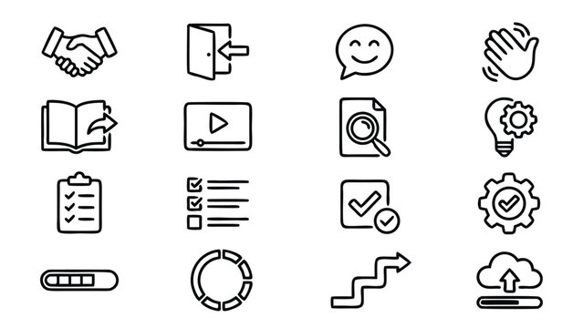 Professional vector line icon set featuring 16 unique symbols for customer onboarding, welcome messages, tutorials, checklists, progress bars, and business workflow optimization for UX design.