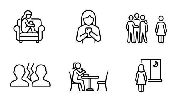 Loneliness and Social Isolation Icons, Sadness and Relationship Breakup Symbols, Vector Set