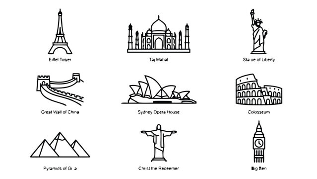 Vector Set of Famous World Landmarks Line Icons: Minimalistic Black and White Illustrations of Eiffel Tower, Taj Mahal, Statue of Liberty, Great Wall of China, Sydney Opera House, Colosseum,