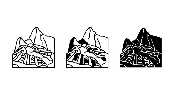 Machu Picchu Landmark Icons, Ancient Inca City Vector Art, Peru Mountain Landscape Symbols