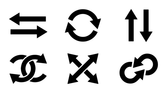 Black Vector Arrows Set: Directional Symbols, Circular Motion, Exchange, Resize, Link Icons