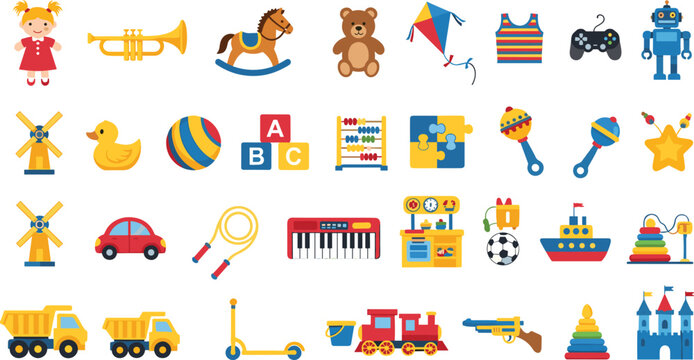 Children toy vector icon set with teddy bear robot rocking horse blocks car doll and nursery objects