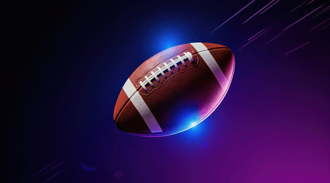Brown american football floats in air with bright blue and purple lights. Sport ball has white stripes and laces. Blurred streaks in background suggest motion.