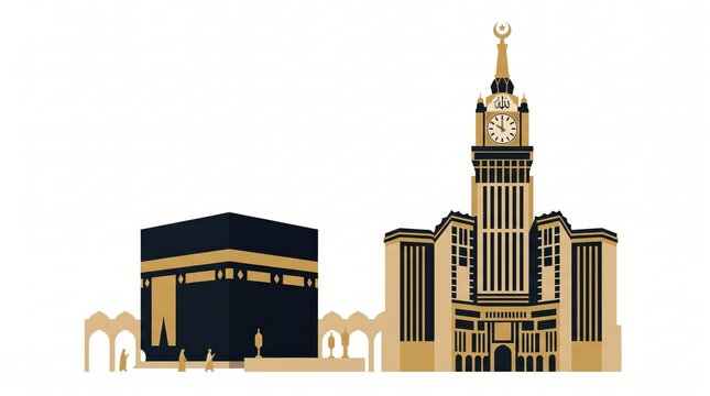 Kaaba and Makkah Clock Tower Silhouette Architectural Illustration