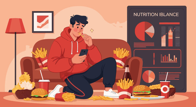 Man eating junk food while sitting on couch with phone