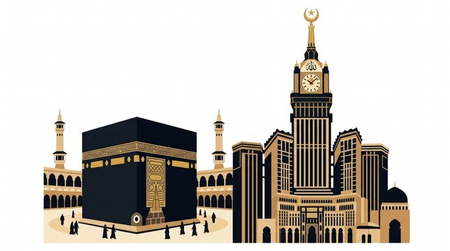 Detailed Panoramic Vector Illustration of Kaaba and Abraj Al Bait