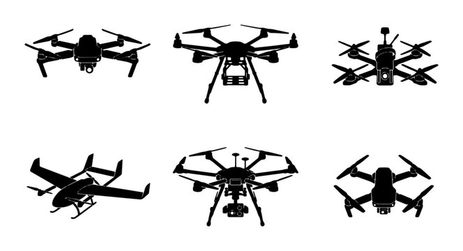 Drone Silhouettes Collection: Aerial Photography, Surveillance, and Delivery Unmanned Aerial Vehicles