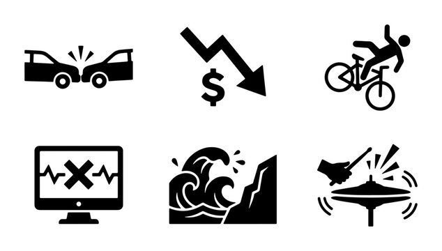 Disaster Icons Set: Accident, Financial Loss, Injury, Tech Failure, Natural Disaster, Damage Vector Graphics