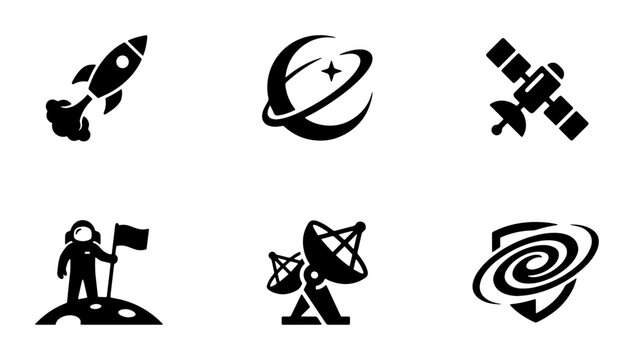 Space Icons Set: Rocket, Astronaut, Satellite, Galaxy, Orbit, Radar, Vector Graphics for Science and Technology Concepts
