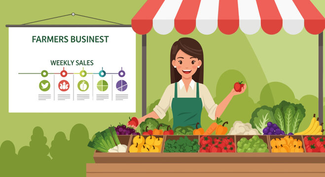 Farmer's market stand with fresh produce and sales chart