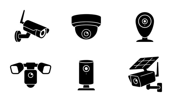 Security Camera Icons Set, Surveillance Equipment Vector Graphics, CCTV System Symbols, Home Protection Technology