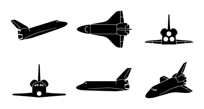 Space Shuttle Vector Icons Set, Futuristic Aircraft Silhouettes, Orbital Transport Collection, Sci-Fi Exploration Graphics