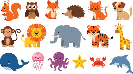 Cute animal vector icon set with forest jungle safari and sea creatures cartoon characters for kids design © Lipi