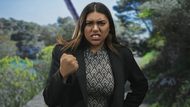 Woman rubbing eye and clenching fist on forest path, blazer and geometric top visible, hair flick and scoffing gesture; frustration defiance.