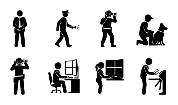 Security Personnel Icons, Vigilance Figures, Surveillance Professionals, Detection Dog Handler, 8 Vector Graphics