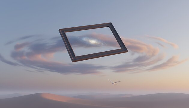Floating Picture Frame Soaring Over Desert Dunes at Sunset