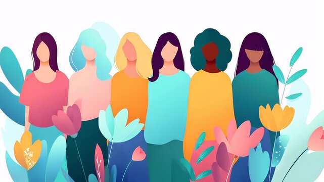 Female diversity. Human rights, equal opportunity concept. A vibrant illustration depicts five women standing in a line, each with distinct hairstyles and clothing colors.