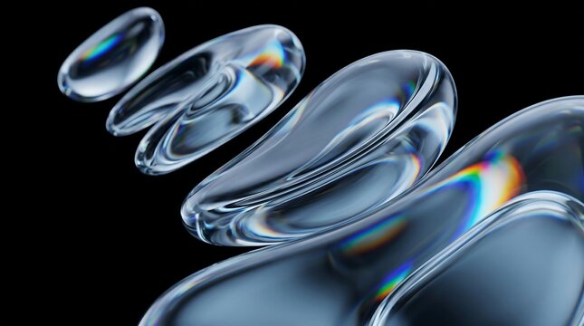Abstract 3d render of glossy liquid glass shapes with chromatic dispersion effect on black background abstract cgi background